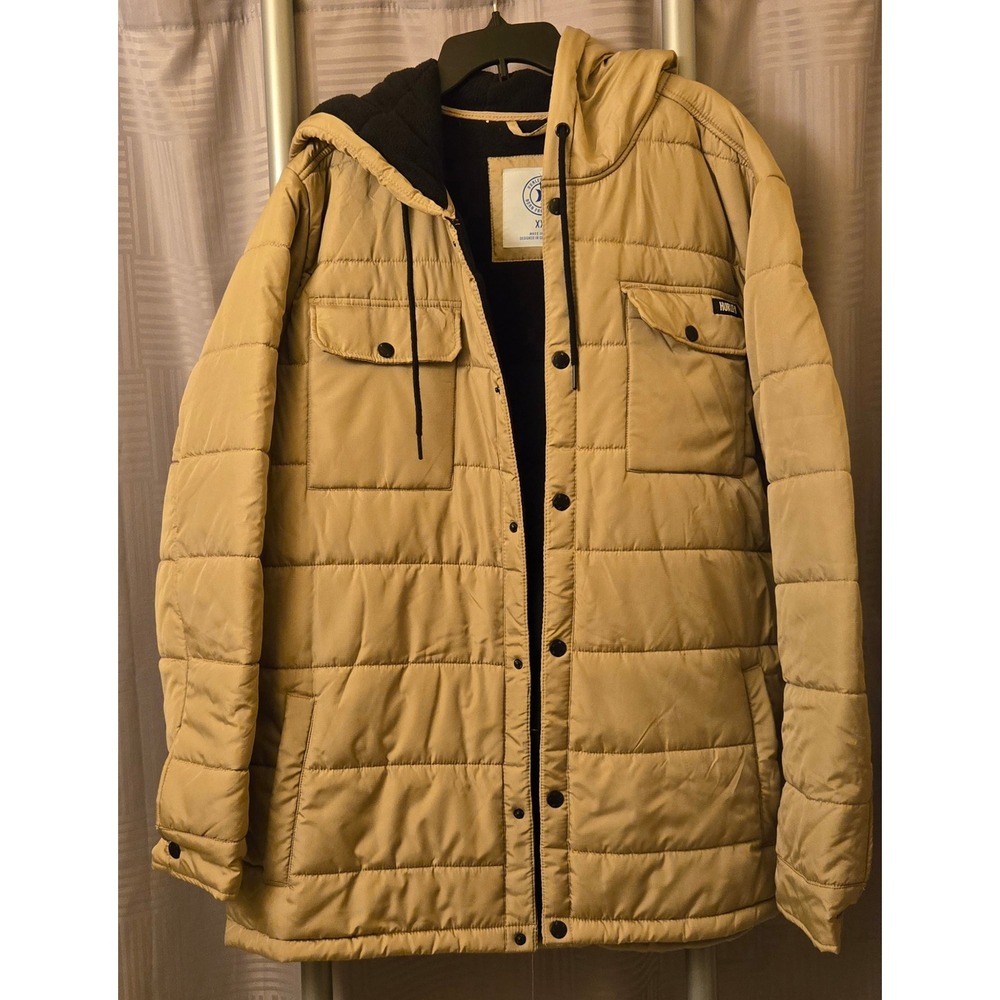 Hurley Mens XXL Thermal Wall Hooded Puffer Jacket Fleece Lined Tan Quilted Coat